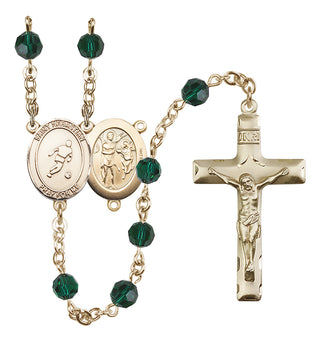 14 Karat Gold 6mm Austrian Crystal Saint Sebastian/Soccer Rosary in Emerald