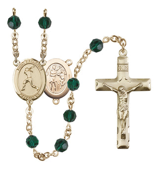 14 Karat Gold 6mm Austrian Crystal Saint Sebastian / Softball Rosary in Emerald