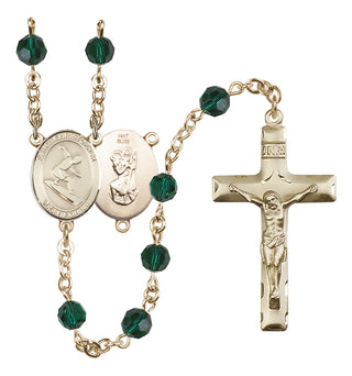14 Karat Gold 6mm Austrian Crystal Saint Christopher/Surfing Rosary in Emerald