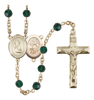 14 Karat Gold 6mm Austrian Crystal Saint Sebastian / Rugby Rosary in Emerald