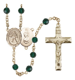 14 Karat Gold 6mm Austrian Crystal Saint Christopher / Field Hockey Rosary in Emerald