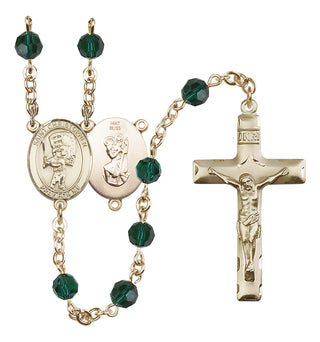 14 Karat Gold 6mm Austrian Crystal Saint Christopher/Baseball Rosary in Emerald