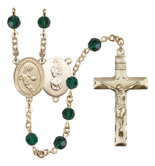 14 Karat Gold 6mm Austrian Crystal Saint Christopher/Basketball Rosary in Emerald