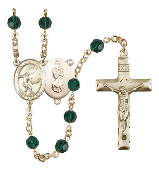 14 Karat Gold 6mm Austrian Crystal Saint Christopher/Soccer Rosary in Emerald