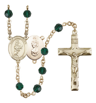 14 Karat Gold 6mm Austrian Crystal Saint Christopher/Softball Rosary in Emerald