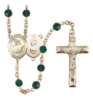 14 Karat Gold 6mm Austrian Crystal Saint Christopher/Gymnastics Rosary in Emerald