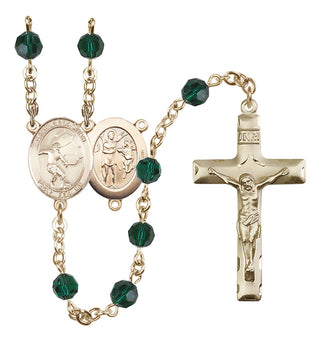 14 Karat Gold 6mm Austrian Crystal Saint Sebastian / Soccer Rosary in Emerald