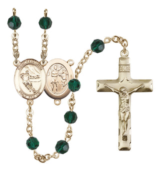 14 Karat Gold 6mm Austrian Crystal Saint Sebastian / Hockey Rosary in Emerald