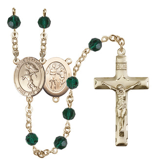 14 Karat Gold 6mm Austrian Crystal Saint Sebastian /Track&Field-Women Rosary in Emerald