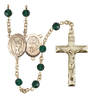 14 Karat Gold 6mm Austrian Crystal Saint Sebastian/Lacrosse Rosary in Emerald