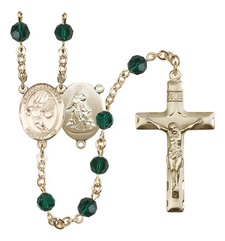 14 Karat Gold 6mm Austrian Crystal Guardian Angel/Basketball Rosary in Emerald