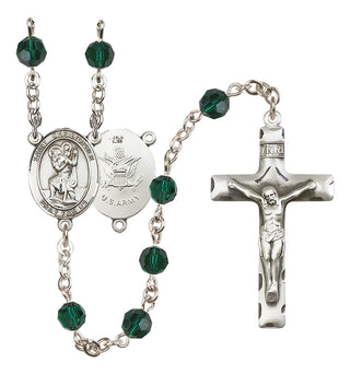 Sterling Silver 6mm Austrian Crystal Saint Christopher / Army Rosary in Emerald