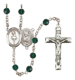 Sterling Silver 6mm Austrian Crystal Saint Christopher/Dance Rosary in Emerald