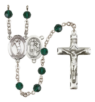 Sterling Silver 6mm Austrian Crystal Saint Sebastian/Golf Rosary in Emerald