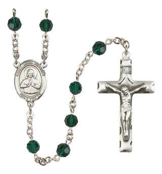 Sterling Silver 6mm Austrian Crystal Saint John Vianney Rosary in Emerald