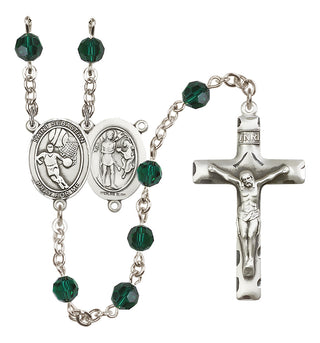 Sterling Silver 6mm Austrian Crystal Saint Sebastian/Basketball Rosary in Emerald