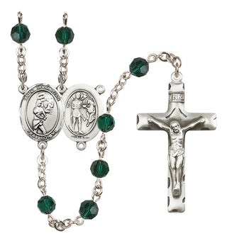 Sterling Silver 6mm Austrian Crystal Saint Sebastian/Softball Rosary in Emerald