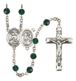 Sterling Silver 6mm Austrian Crystal Saint Sebastian/Swimming Rosary in Emerald