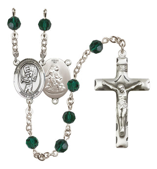 Sterling Silver 6mm Austrian Crystal Guardian Angel/Baseball Rosary in Emerald