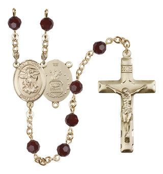 14 Karat Gold-Filled 6mm Austrian Crystal Saint Michael / Air Force Rosary in Garnet
