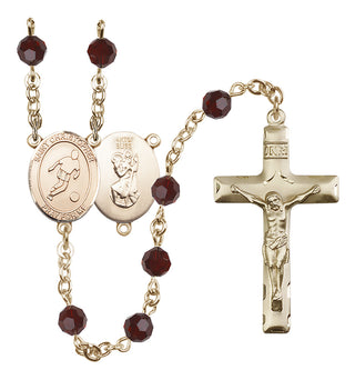 14 Karat Gold-Filled 6mm Austrian Crystal Saint Christopher/Soccer Rosary in Garnet