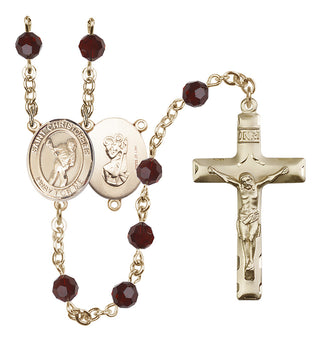 14 Karat Gold-Filled 6mm Austrian Crystal Saint Christopher/Lacrosse Rosary in Garnet