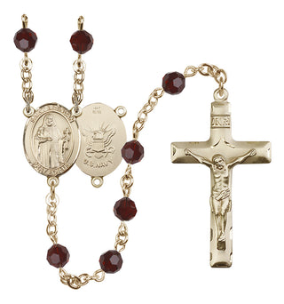 14 Karat Gold 6mm Austrian Crystal Saint Brendan the Navigator/Navy Rosary in Garnet