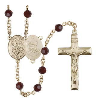 14 Karat Gold 6mm Austrian Crystal Saint George / Coast Guard Rosary in Garnet