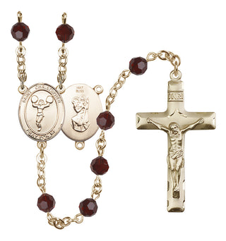14 Karat Gold 6mm Austrian Crystal Saint Christopher/Cheerleading Rosary in Garnet
