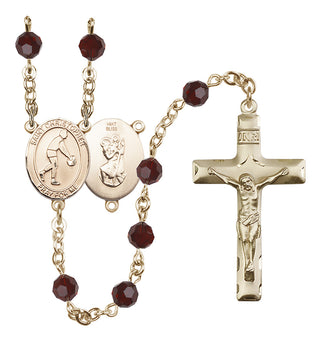 14 Karat Gold 6mm Austrian Crystal Saint Christopher/Basketball Rosary in Garnet
