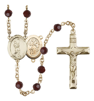 14 Karat Gold 6mm Austrian Crystal Saint Sebastian/Lacrosse Rosary in Garnet
