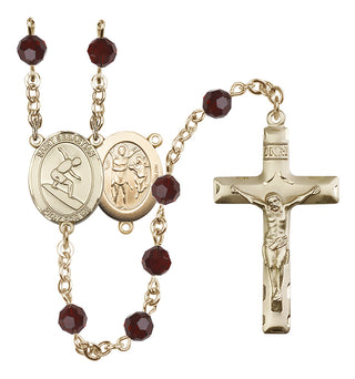 14 Karat Gold 6mm Austrian Crystal Saint Sebastian/Surfing Rosary in Garnet