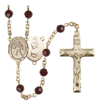 14 Karat Gold 6mm Austrian Crystal Saint Christopher / Field Hockey Rosary in Garnet