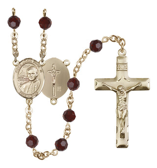 14 Karat Gold 6mm Austrian Crystal Saint John Paul II Rosary in Garnet