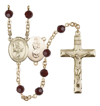 14 Karat Gold 6mm Austrian Crystal Saint Christopher/Baseball Rosary in Garnet