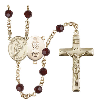14 Karat Gold 6mm Austrian Crystal Saint Christopher/Softball Rosary in Garnet