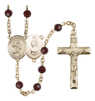 14 Karat Gold 6mm Austrian Crystal Saint Christopher/Track&Field-Men Rosary in Garnet