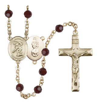 14 Karat Gold 6mm Austrian Crystal Saint Christopher/Swimming Rosary in Garnet