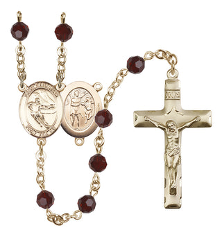 14 Karat Gold 6mm Austrian Crystal Saint Sebastian / Hockey Rosary in Garnet
