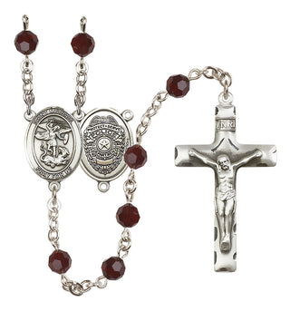 Sterling Silver 6mm Austrian Crystal Saint Michael the Archangel/Policeman Rosary in Garnet