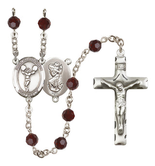 Sterling Silver 6mm Austrian Crystal Saint Christopher/Cheerleading Rosary in Garnet