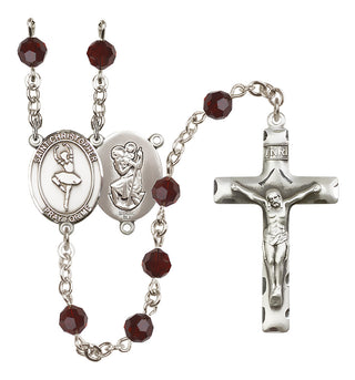 Sterling Silver 6mm Austrian Crystal Saint Christopher/Dance Rosary in Garnet