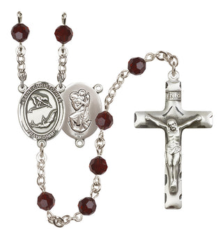 Sterling Silver 6mm Austrian Crystal Saint Christopher/Gymnastics Rosary in Garnet