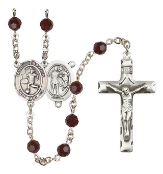 Sterling Silver 6mm Austrian Crystal Saint Sebastian/Soccer-Women Rosary in Garnet