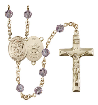 14 Karat Gold-Filled 6mm Austrian Crystal Saint Michael / Navy Rosary in Light Amethyst
