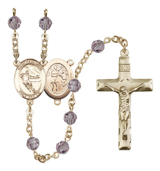 14 Karat Gold-Filled 6mm Austrian Crystal Saint Sebastian / Hockey Rosary in Light Amethyst