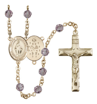 14 Karat Gold 6mm Austrian Crystal Virgen Milagrosa Rosary in Light Amethyst