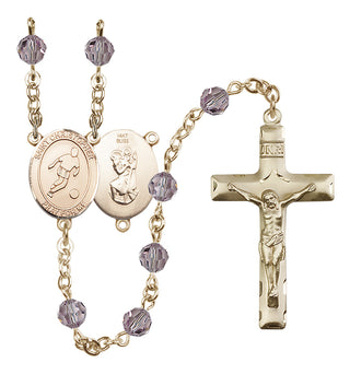 14 Karat Gold 6mm Austrian Crystal Saint Christopher/Soccer Rosary in Light Amethyst