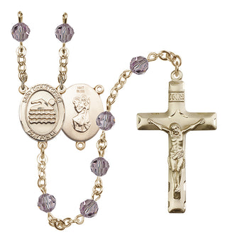 14 Karat Gold 6mm Austrian Crystal Saint Christopher/Swimming Rosary in Light Amethyst