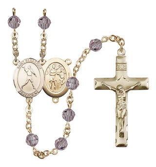 14 Karat Gold 6mm Austrian Crystal Saint Sebastian/Football Rosary in Light Amethyst